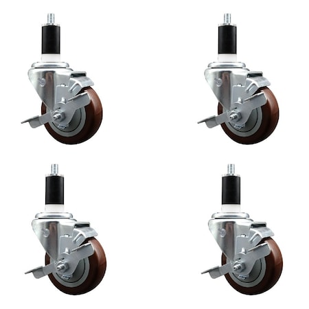 Service Caster 3.5'' Maroon Poly Swivel 1-3/8'' Expanding Stem Caster Set with Brake, 4PK SCC-EX20S3514-PPUB-MRN-TLB-138-4